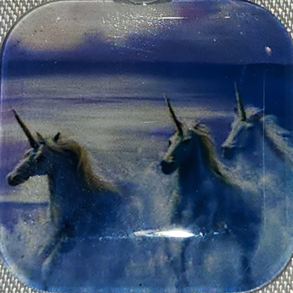 Vintage Style Unicorn Picture Square Pendant Charm Blue Purple 80s